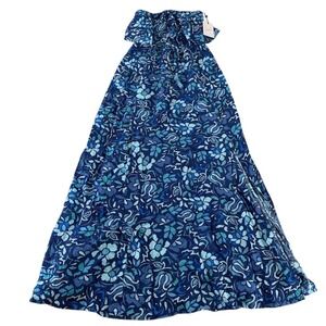 Japna Blue Floral Off the Shoulder Ruffle Maxi Dress Resort Cruise Small NWT
